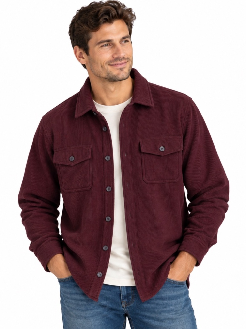 Freedom Foundry Men's Large Burgundy Textured Shirt Jacket Overshirt Workwear